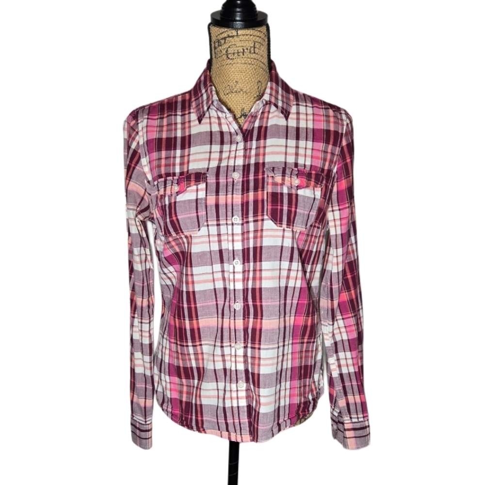 Aeropostale Maroon & White Plaid Button Down Long Sleeve Blouse